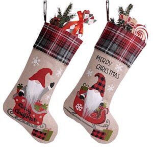 Burlap Christmas Stocking with Gnome Buffalo Plaid Cuff Xmas Holiday Set of 2